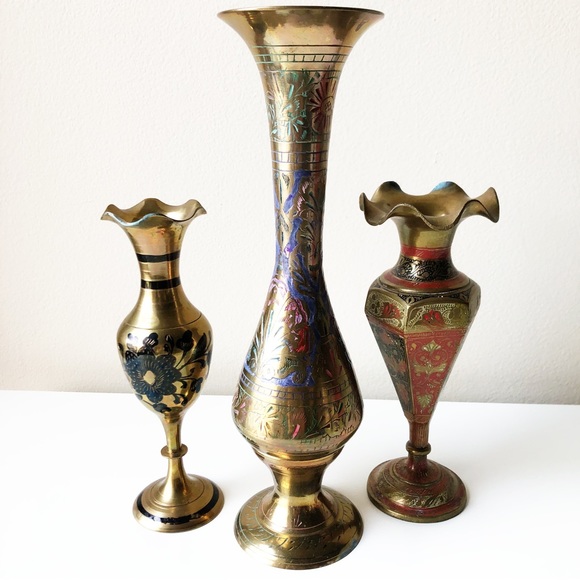 Vintage Other - 3 Vintage Etched Solid Brass Vases Hand Painted Made India 3 Heights & Shapes